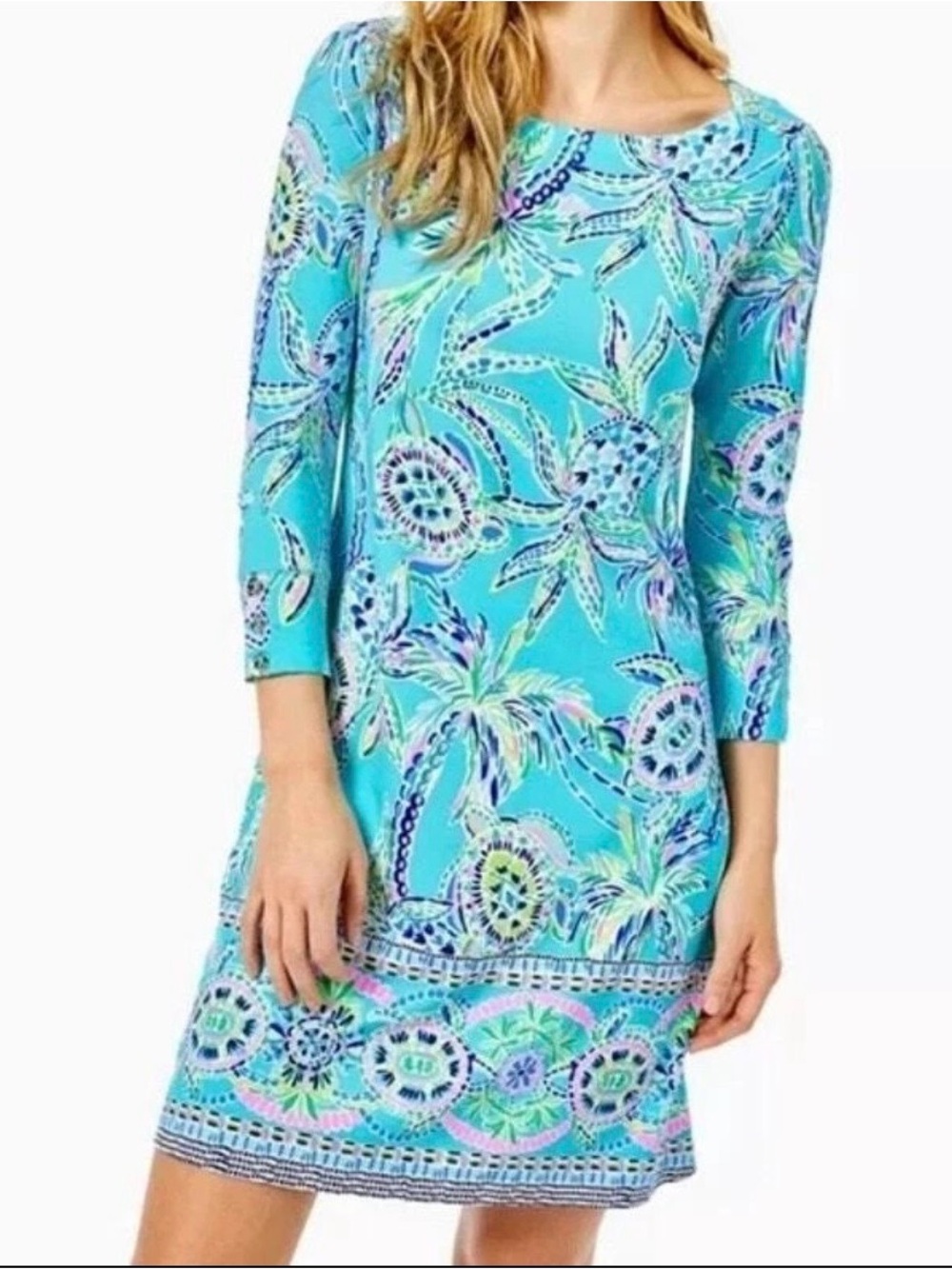 Lilly  Pulitzer UPF 50+ Sophie Dress 3/4 Sleeves Bermuda Blue Turtle Size XXS